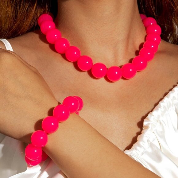 Women's Handmade Light Red Chunky Beaded Large Round Beads Bracelet Necklace - Picture 3 of 5